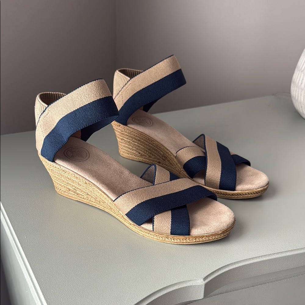 CHARLESTON SHOE CO. Blue and Tan Wedge Espadrilles